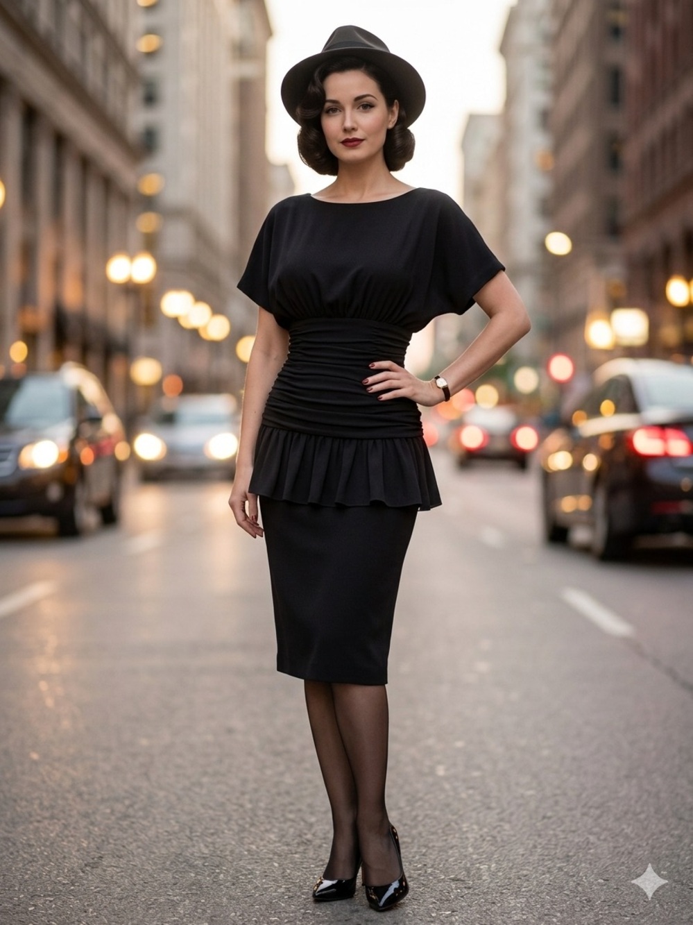 Vintage  Jane singer Elegant Black Peplum Waist Dress for Women  size 8